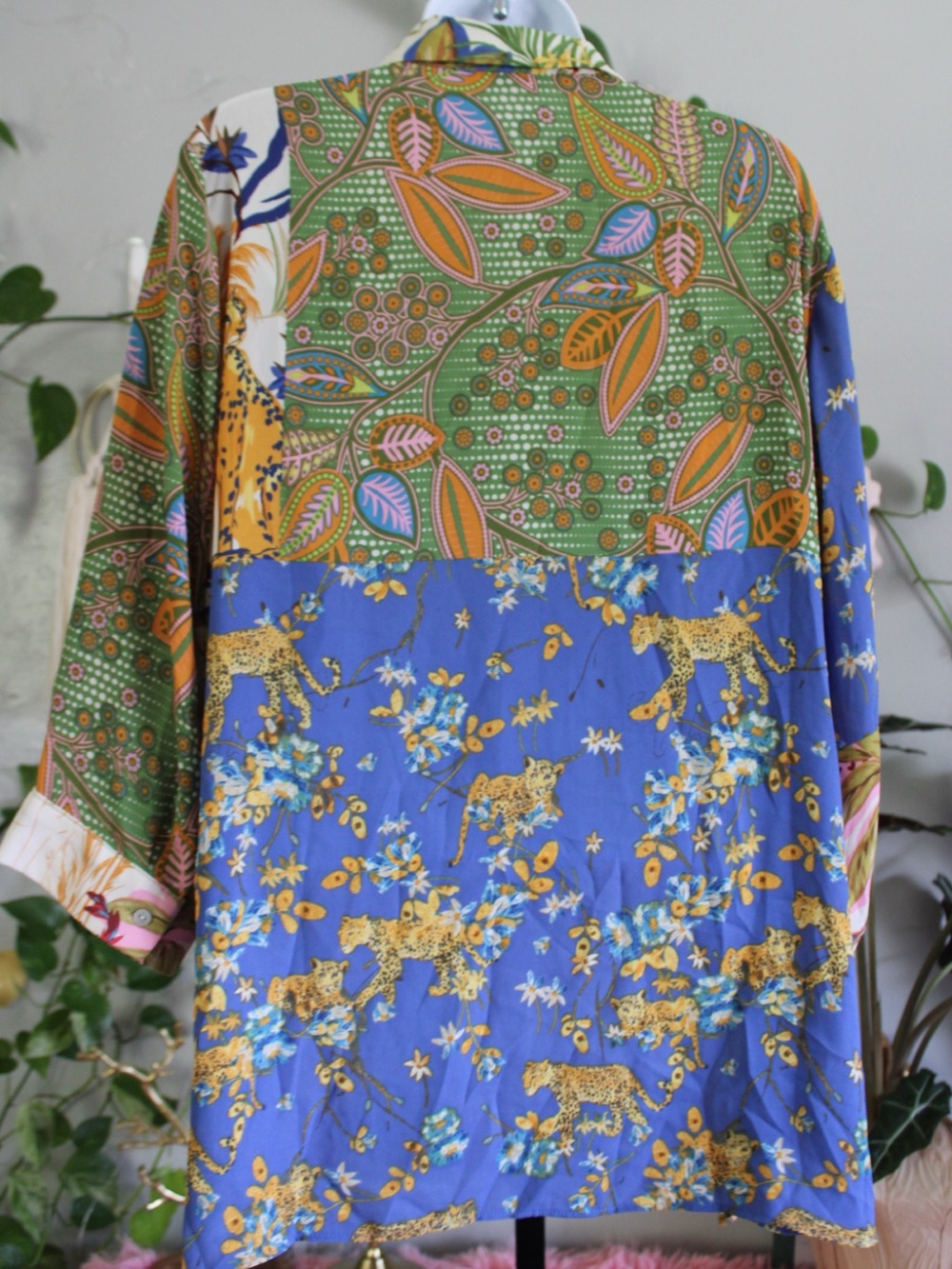 Rose + Olive 1X Patchwork Leopard Tropical Print Oversized Button Down Shirt - Picture 9 of 12